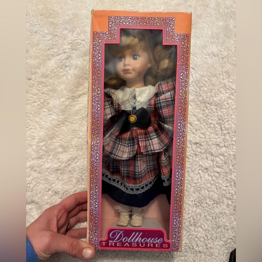 New Dollhouse Treasures Plaid Dressed porcelain Doll with Navy Accents
